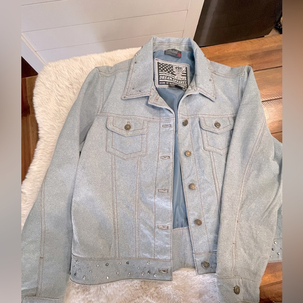 STUDDED BIKERS DREAM APPAREL DENIM Metal Hardware 100% LEATHER MOTORCYCLE JACKET
